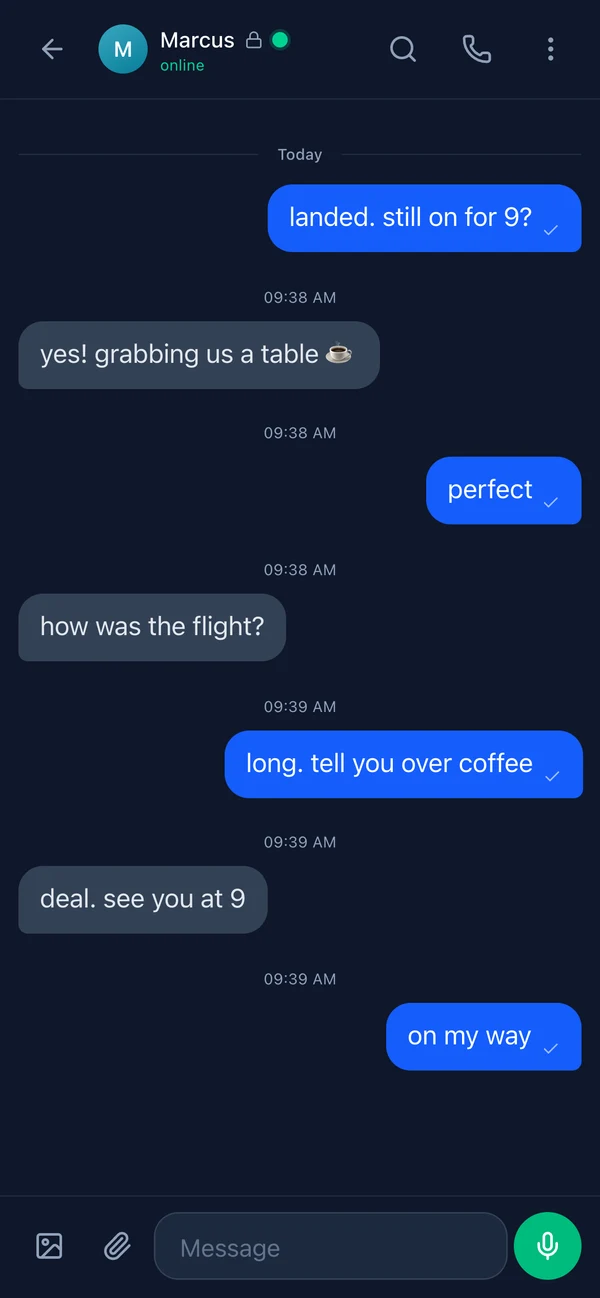 An ordinary end-to-end encrypted conversation in Veil, captured from the live app.