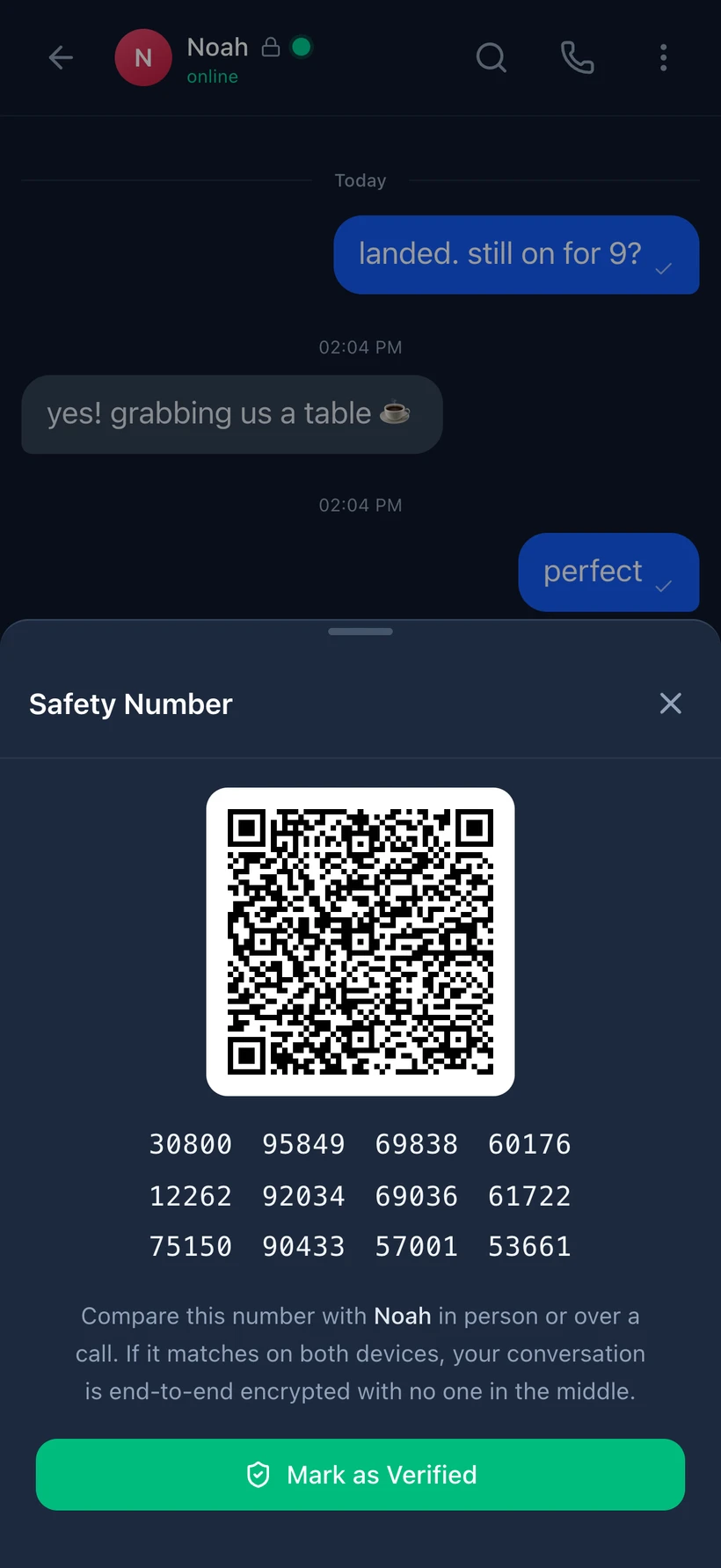 Veil’s safety-number screen: a QR code and twelve number groups to compare in person, proving no one is in the middle of the conversation.